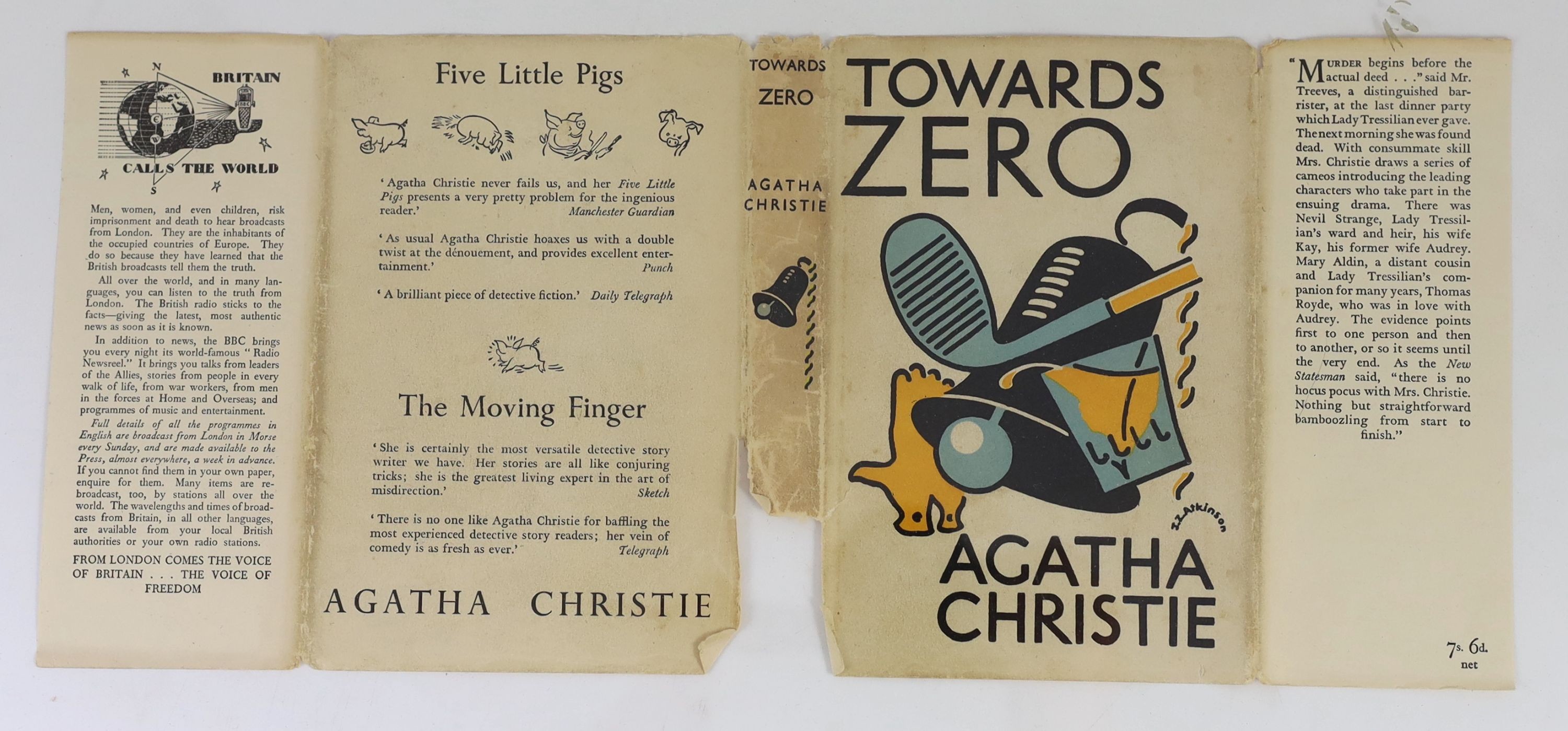Christie, Agatha - Towards Zero, 1st edition, 8vo, cloth, in torn, unclipped d/j, ownership inscription to front fly leaf, The Crime Club, London, 1944 and Murder in the Mews, 3rd impression, 8vo, cloth, in unclipped d/j